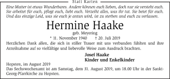 Traueranzeige von Hermine Haake von Neue Osnabrücker Zeitung GmbH & Co. KG