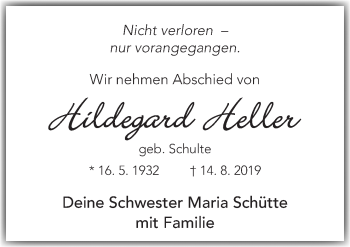 Traueranzeige von Hildegard Heller von Neue Osnabrücker Zeitung GmbH & Co. KG