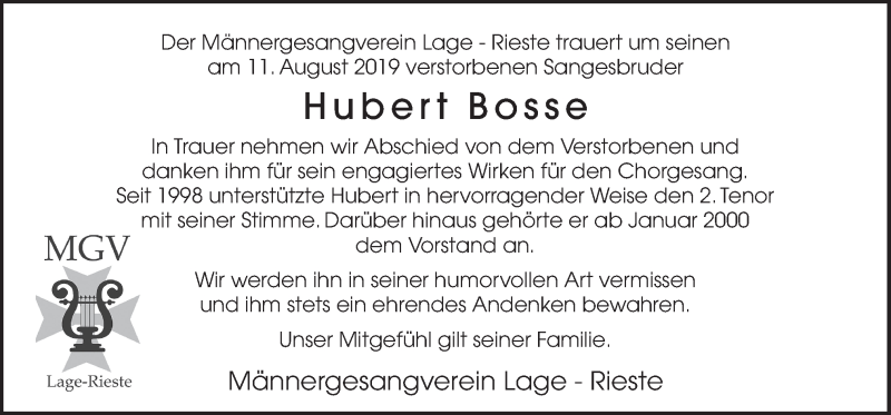  Traueranzeige für Hubert Bosse vom 21.08.2019 aus Neue Osnabrücker Zeitung GmbH & Co. KG