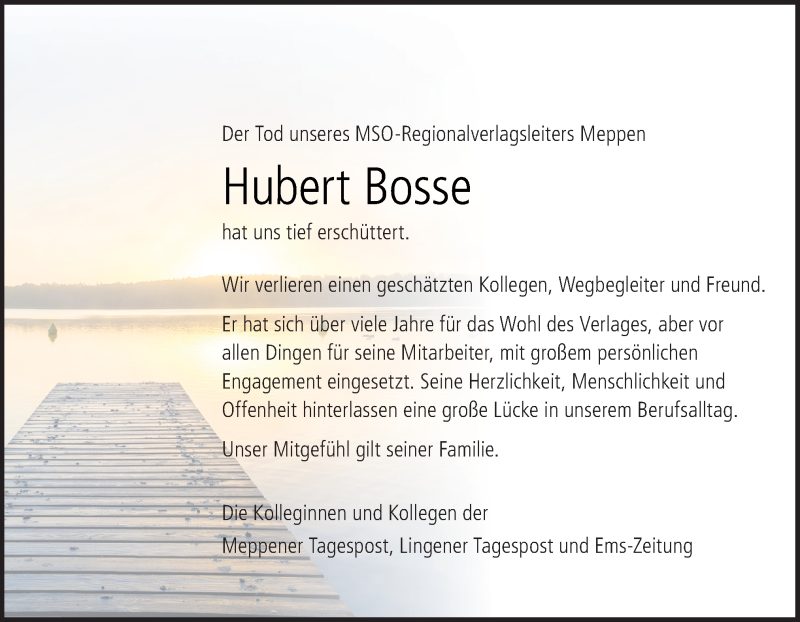  Traueranzeige für Hubert Bosse vom 19.08.2019 aus Neue Osnabrücker Zeitung GmbH & Co. KG