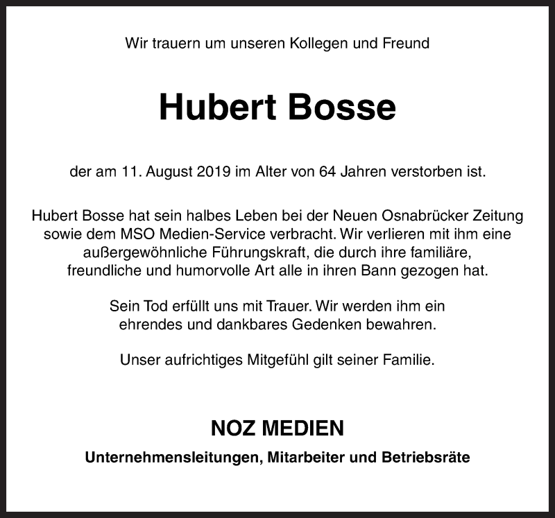  Traueranzeige für Hubert Bosse vom 17.08.2019 aus Neue Osnabrücker Zeitung GmbH & Co. KG