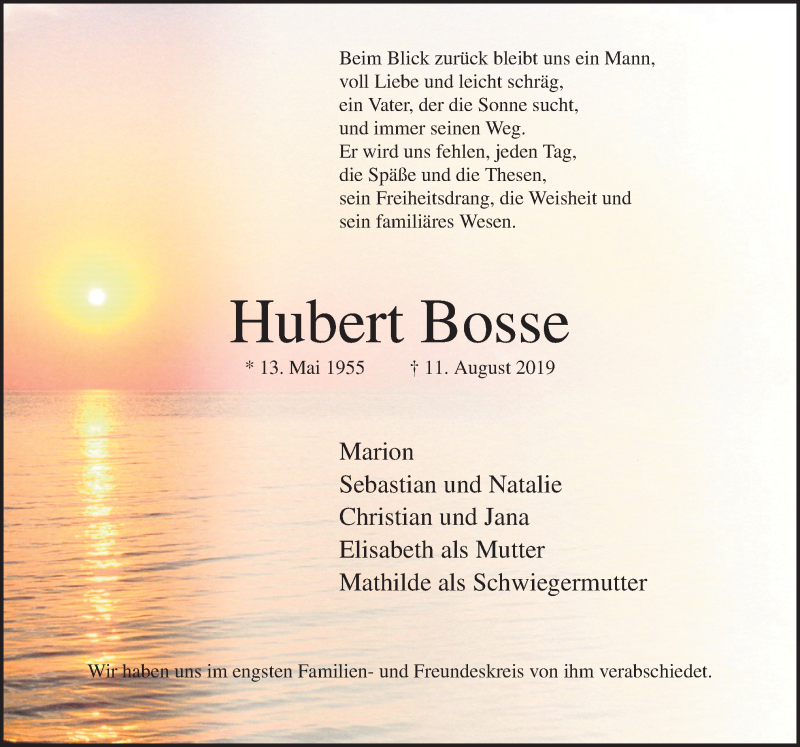  Traueranzeige für Hubert Bosse vom 17.08.2019 aus Neue Osnabrücker Zeitung GmbH & Co. KG