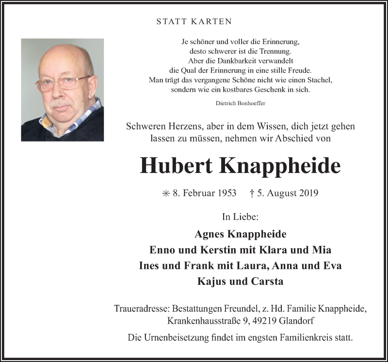  Traueranzeige für Hubert Knappheide vom 07.08.2019 aus Neue Osnabrücker Zeitung GmbH & Co. KG