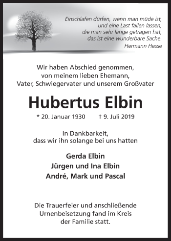 Traueranzeige von Hubertus Elbin von Neue Osnabrücker Zeitung GmbH & Co. KG