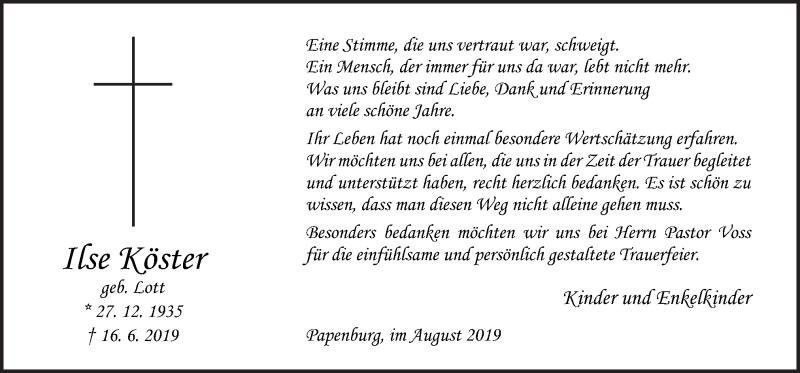  Traueranzeige für Ilse Köster vom 03.08.2019 aus Neue Osnabrücker Zeitung GmbH & Co. KG