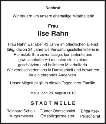 Traueranzeige von Ilse Rahn von Neue Osnabrücker Zeitung GmbH & Co. KG