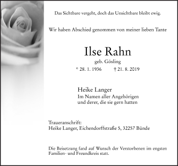 Traueranzeige von Ilse Rahn von Neue Osnabrücker Zeitung GmbH & Co. KG