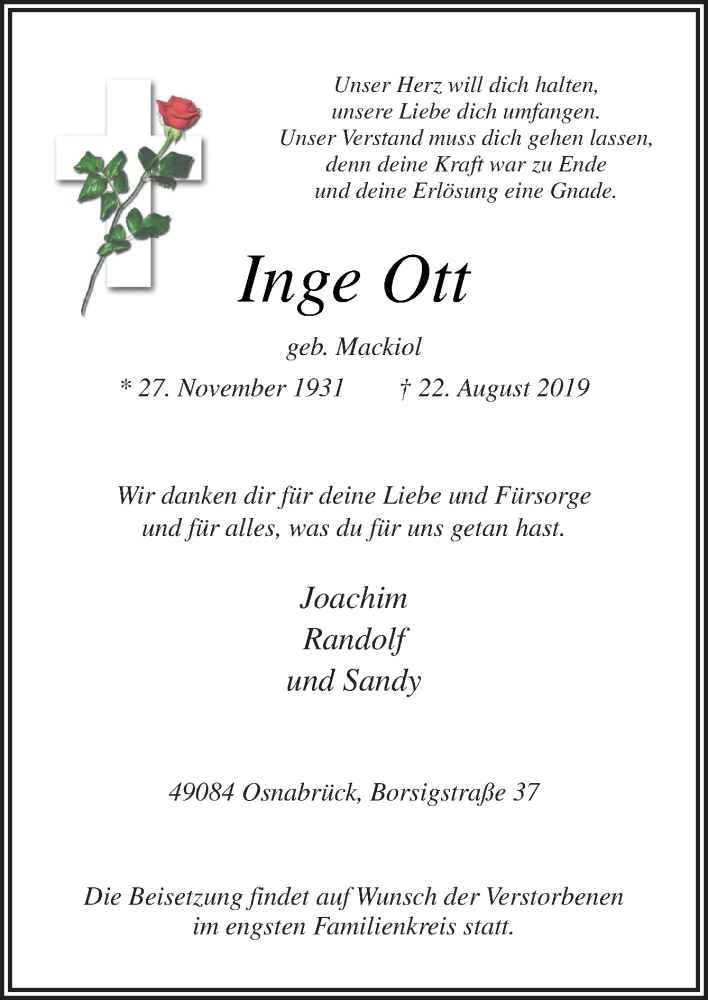  Traueranzeige für Inge Ott vom 31.08.2019 aus Neue Osnabrücker Zeitung GmbH & Co. KG
