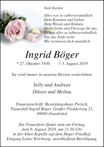 Traueranzeige von Ingrid Böger von Neue Osnabrücker Zeitung GmbH & Co. KG