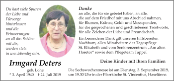 Traueranzeige von Irmgard Deters von Neue Osnabrücker Zeitung GmbH & Co. KG
