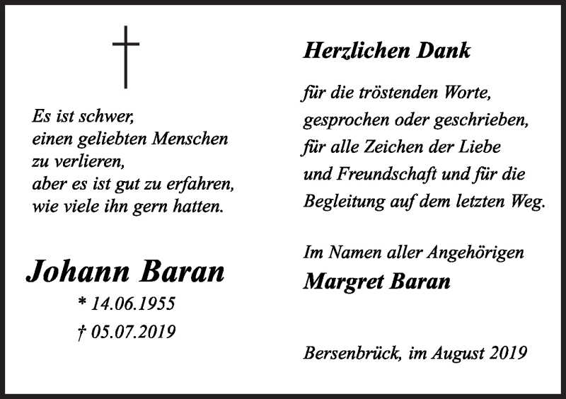  Traueranzeige für Johann Baran vom 12.08.2019 aus Neue Osnabrücker Zeitung GmbH & Co. KG