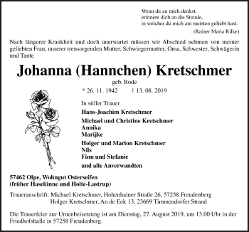 Traueranzeige von Johanna Kretschmer von Neue Osnabrücker Zeitung GmbH & Co. KG