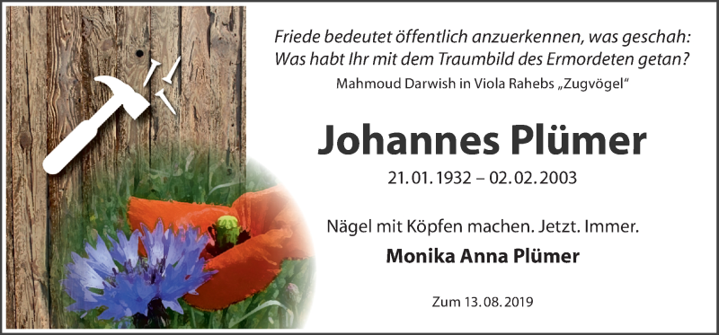  Traueranzeige für Johannes Plümer vom 13.08.2019 aus Neue Osnabrücker Zeitung GmbH & Co. KG