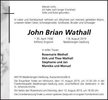 Traueranzeige von John Brian Wathall von Neue Osnabrücker Zeitung GmbH & Co. KG