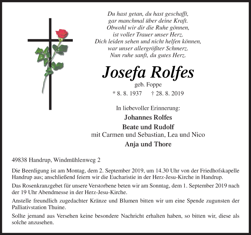  Traueranzeige für Josefa Rolfes vom 30.08.2019 aus Neue Osnabrücker Zeitung GmbH & Co. KG