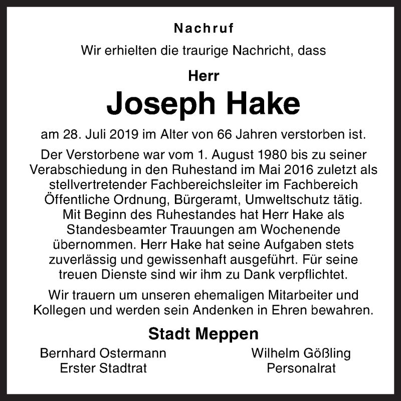  Traueranzeige für Joseph Hake vom 02.08.2019 aus Neue Osnabrücker Zeitung GmbH & Co. KG