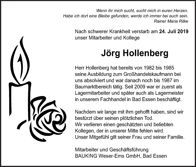  Traueranzeige für Jörg Hollenberg vom 05.08.2019 aus Neue Osnabrücker Zeitung GmbH & Co. KG