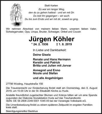 Traueranzeige von Jürgen Köhler von Neue Osnabrücker Zeitung GmbH & Co. KG