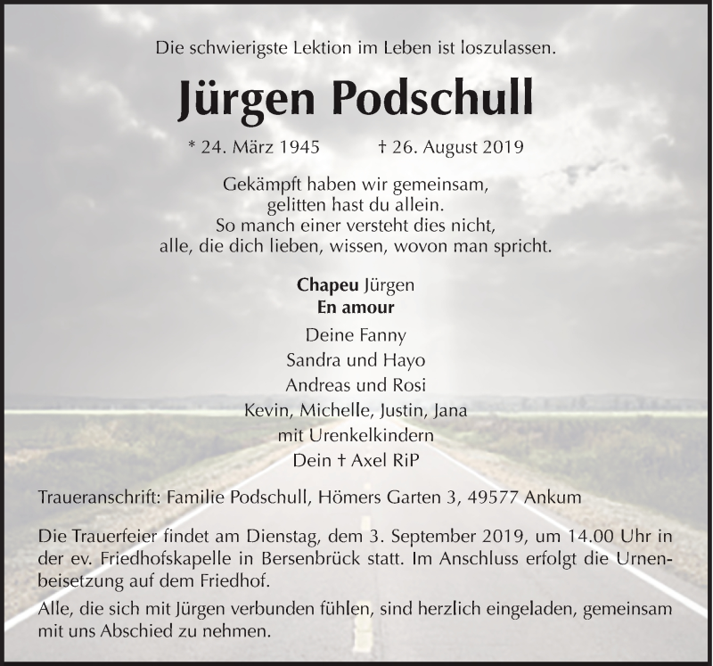  Traueranzeige für Jürgen Podschull vom 31.08.2019 aus Neue Osnabrücker Zeitung GmbH & Co. KG