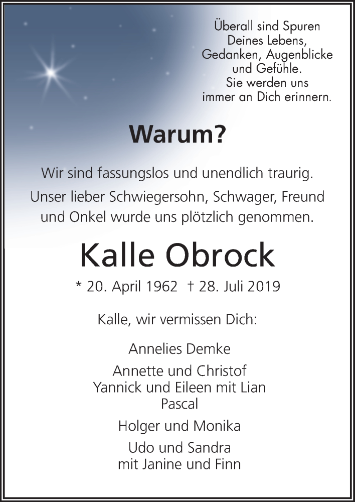  Traueranzeige für Kalle Obrock vom 03.08.2019 aus Neue Osnabrücker Zeitung GmbH & Co. KG