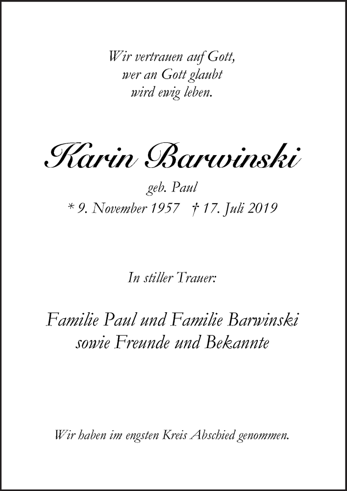  Traueranzeige für Karin Barwinski vom 03.08.2019 aus Neue Osnabrücker Zeitung GmbH & Co. KG