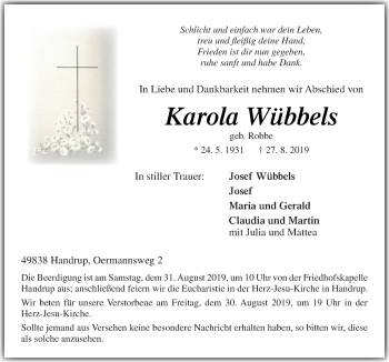 Traueranzeige von Karola Wübbels von Neue Osnabrücker Zeitung GmbH & Co. KG