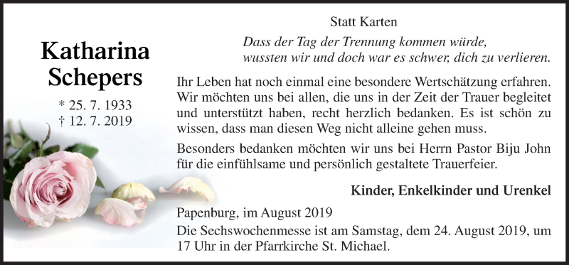  Traueranzeige für Katharina Schepers vom 21.08.2019 aus Neue Osnabrücker Zeitung GmbH & Co. KG