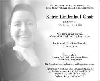 Traueranzeige von Katrin Lindenlauf-Gnaß von Neue Osnabrücker Zeitung GmbH & Co. KG