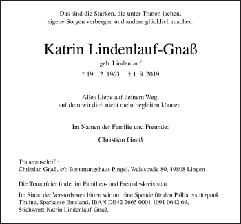 Traueranzeige von Katrin Lindenlauf-Gnaß von Neue Osnabrücker Zeitung GmbH & Co. KG