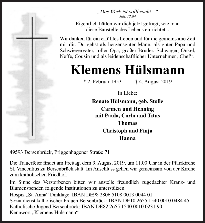  Traueranzeige für Klemens Hülsmann vom 06.08.2019 aus Neue Osnabrücker Zeitung GmbH & Co. KG
