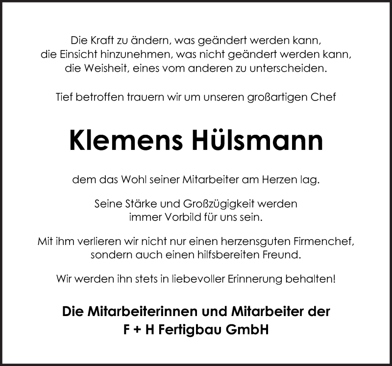  Traueranzeige für Klemens Hülsmann vom 07.08.2019 aus Neue Osnabrücker Zeitung GmbH & Co. KG