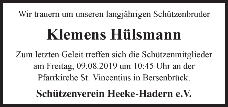  Traueranzeige für Klemens Hülsmann vom 08.08.2019 aus Neue Osnabrücker Zeitung GmbH & Co. KG