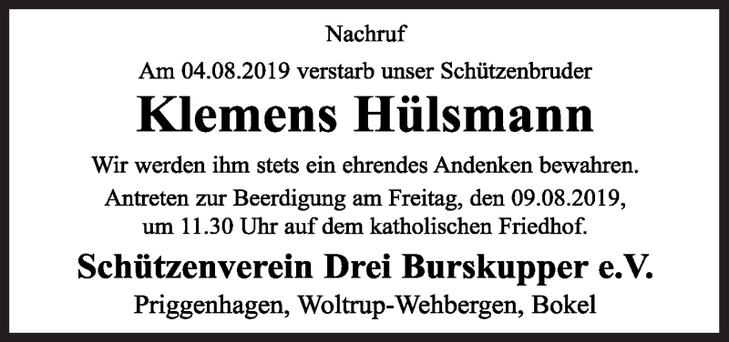  Traueranzeige für Klemens Hülsmann vom 08.08.2019 aus Neue Osnabrücker Zeitung GmbH & Co. KG