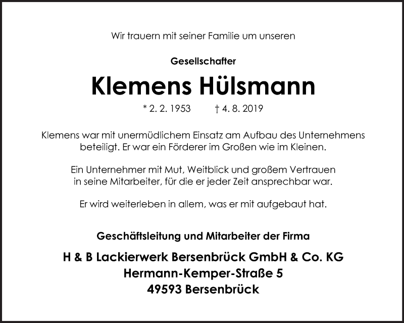  Traueranzeige für Klemens Hülsmann vom 07.08.2019 aus Neue Osnabrücker Zeitung GmbH & Co. KG
