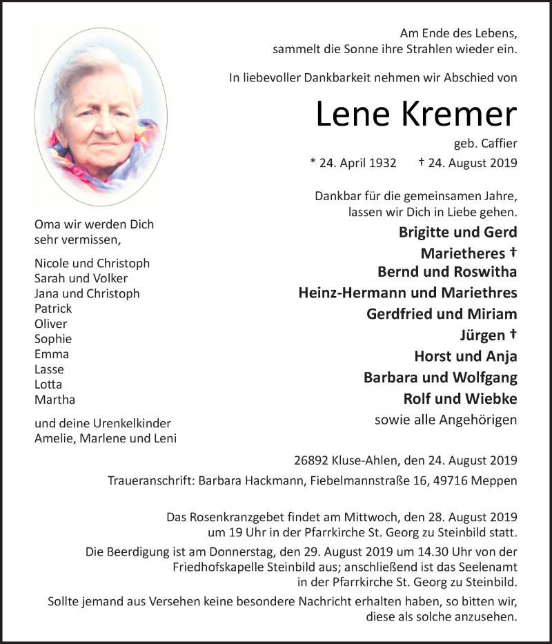  Traueranzeige für Lene Kremer vom 26.08.2019 aus Neue Osnabrücker Zeitung GmbH & Co. KG