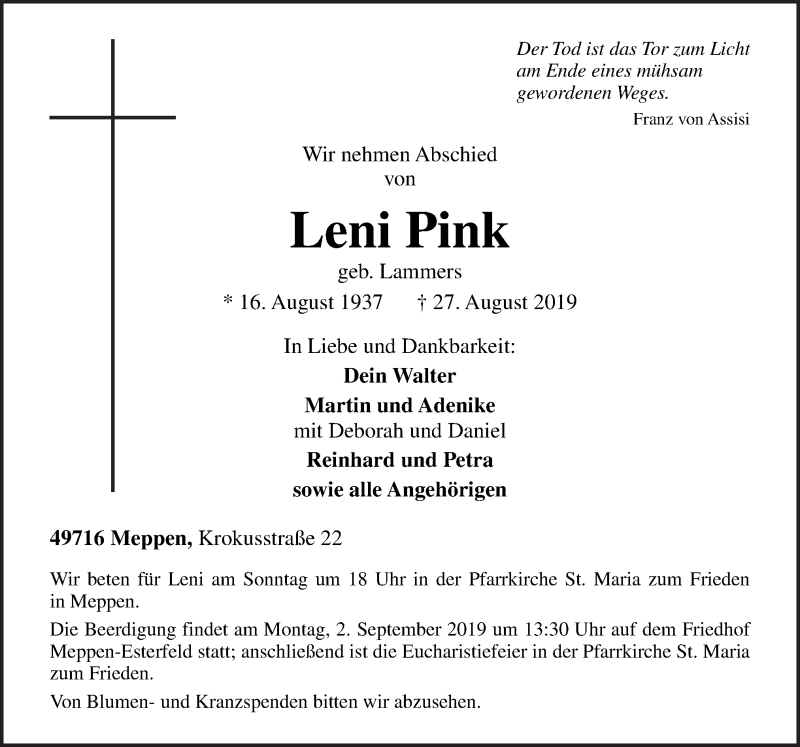  Traueranzeige für Leni Pink vom 31.08.2019 aus Neue Osnabrücker Zeitung GmbH & Co. KG
