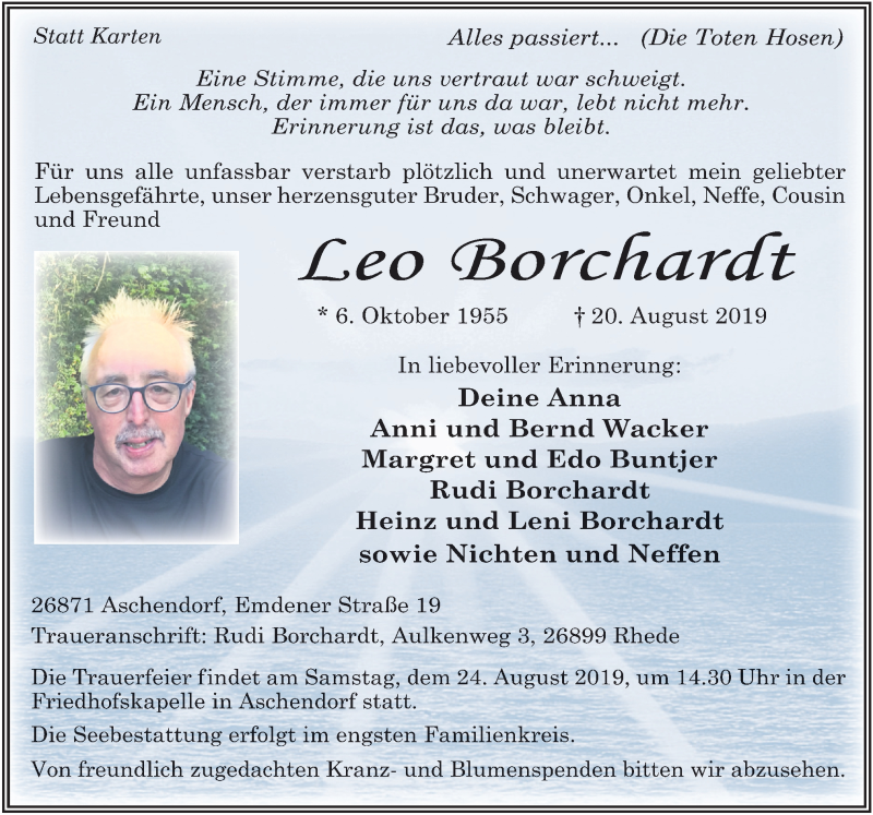  Traueranzeige für Leo Borchardt vom 23.08.2019 aus Neue Osnabrücker Zeitung GmbH & Co. KG