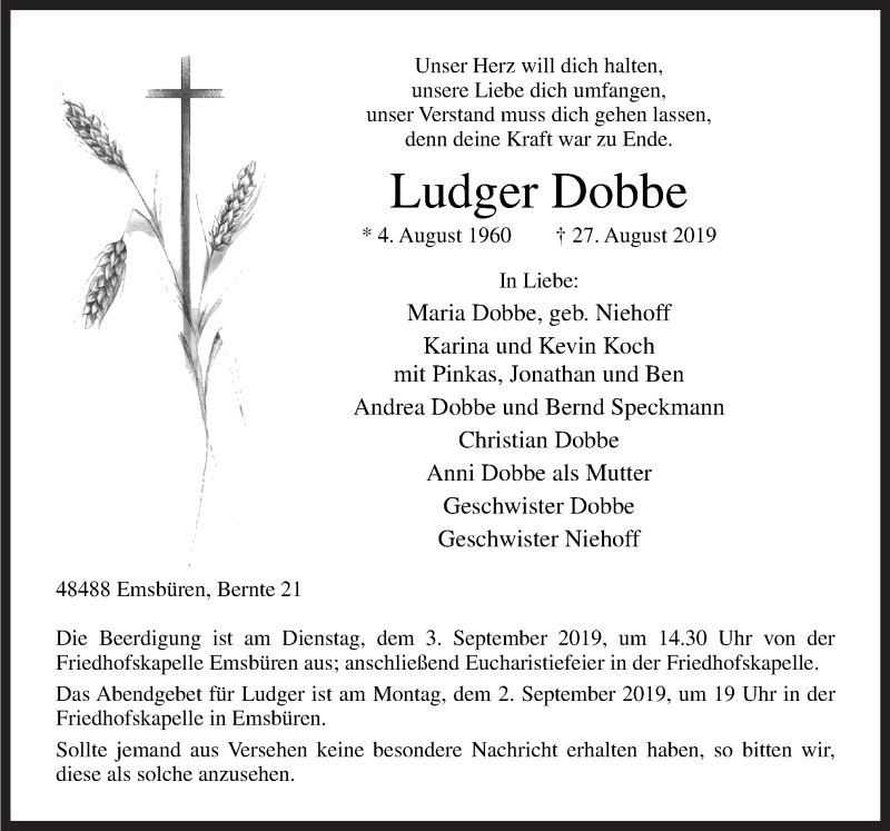  Traueranzeige für Ludger Dobbe vom 30.08.2019 aus Neue Osnabrücker Zeitung GmbH & Co. KG
