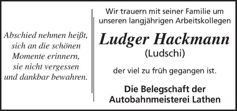  Traueranzeige für Ludger Hackmann vom 21.08.2019 aus Neue Osnabrücker Zeitung GmbH & Co. KG