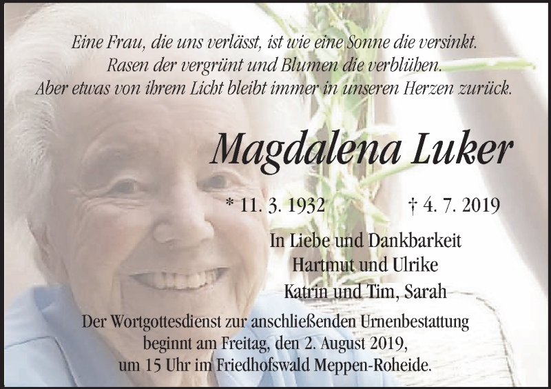  Traueranzeige für Magdalena Luker vom 02.08.2019 aus Neue Osnabrücker Zeitung GmbH & Co. KG