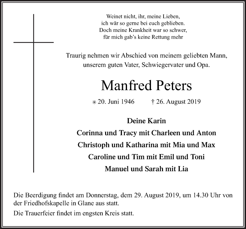  Traueranzeige für Manfred Peters vom 28.08.2019 aus Neue Osnabrücker Zeitung GmbH & Co. KG