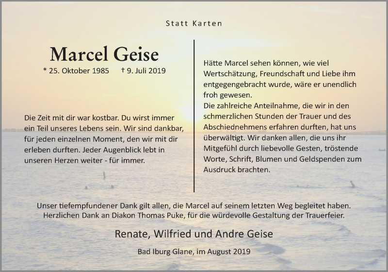  Traueranzeige für Marcel Geise vom 24.08.2019 aus Neue Osnabrücker Zeitung GmbH & Co. KG