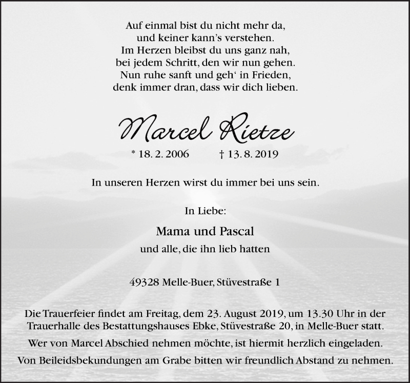  Traueranzeige für Marcel Rietze vom 20.08.2019 aus Neue Osnabrücker Zeitung GmbH & Co. KG