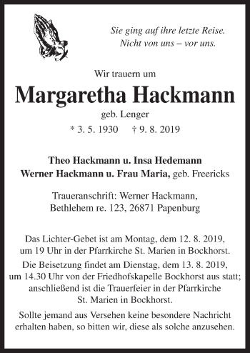 Traueranzeige von Margaretha Hackmann von Neue Osnabrücker Zeitung GmbH & Co. KG