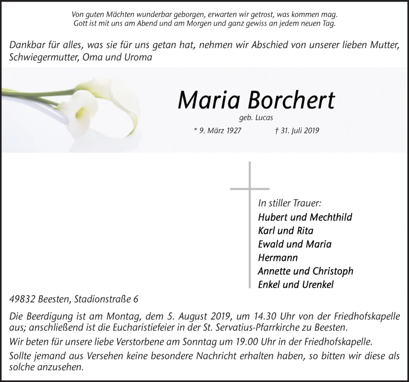  Traueranzeige für Maria Borchert vom 02.08.2019 aus Neue Osnabrücker Zeitung GmbH & Co. KG