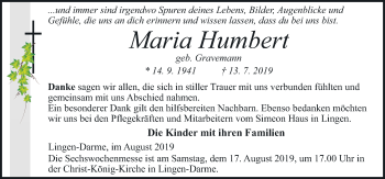 Traueranzeige von Maria Humbert von Neue Osnabrücker Zeitung GmbH & Co. KG