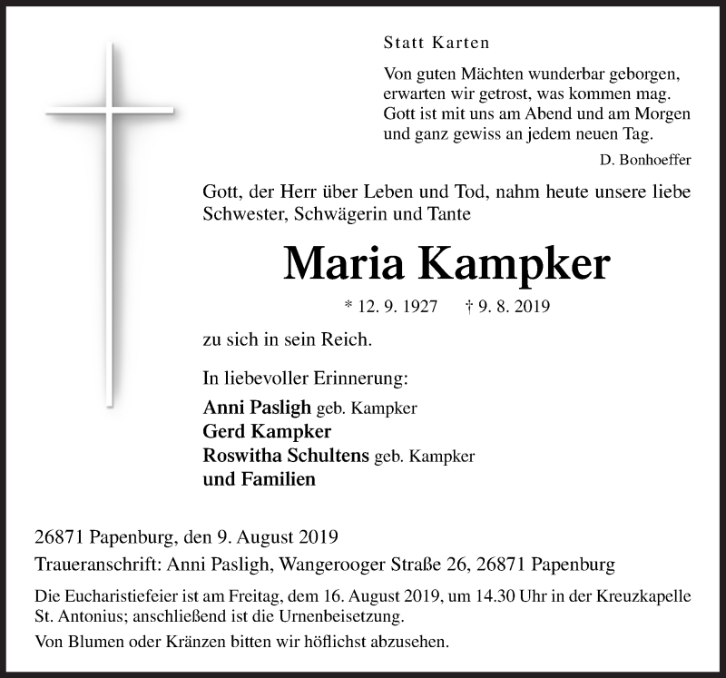  Traueranzeige für Maria Kampker vom 12.08.2019 aus Neue Osnabrücker Zeitung GmbH & Co. KG