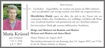 Traueranzeige von Maria Krüssel von Neue Osnabrücker Zeitung GmbH & Co. KG