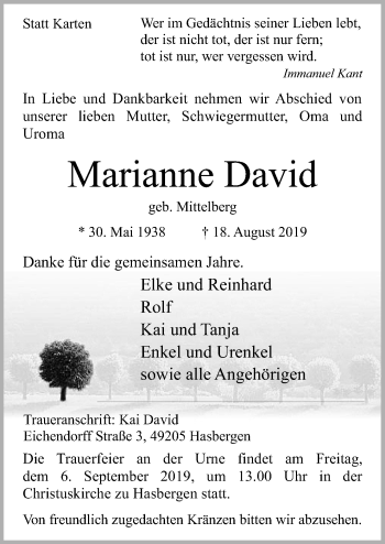 Traueranzeige von Marianne David von Neue Osnabrücker Zeitung GmbH & Co. KG