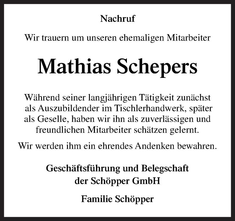  Traueranzeige für Mathias Schepers vom 31.08.2019 aus Neue Osnabrücker Zeitung GmbH & Co. KG